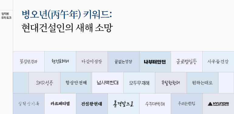 임직원 5자토크  병오년(丙午年) 키워드:  현대건설인의 새해 소망  꽃길만걷자  현건포레버  다같이성장  끝없는성장  나부터안전  글로벌일등  사우들건강  SMR성공  항상안전해  넘사벽현대  모두무재해  무탈한한해  원하는대로  실적신기록  카르페디엠  건설왕현대  돌격앞으로  수주대박해  우리는한팀  현대